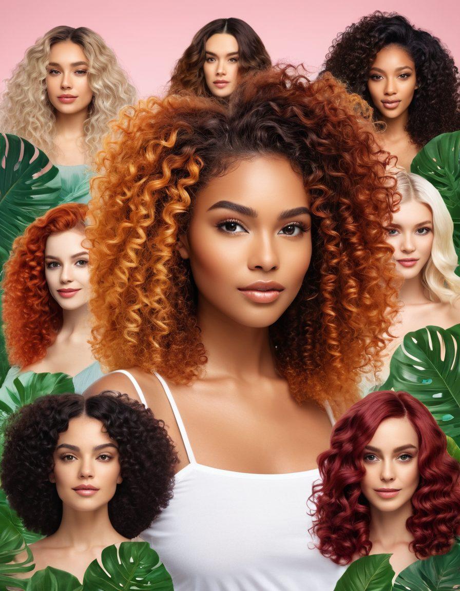 A diverse group of stylish individuals showcasing various hair types, from curly to straight, each demonstrating unique hairstyles and vibrant hair colors. Surround them with an array of hair care products like shampoos, conditioners, and styling tools, set in a bright, inviting salon environment. Fluffy hair textures and radiant shine should be highlighted, symbolizing beauty and confidence. The background can feature trendy haircare posters and lush greenery for a fresh vibe. super-realistic. vibrant colors. bright background.